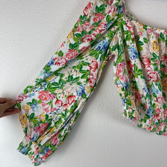 Afrm Cropped Floral Top Womens 1X Pink Green Balloon Long Sleeve Smocked - Picture 6 of 13